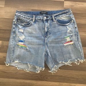 Judy Blue Distressed Shorts with Peek-a-boo Serape Print